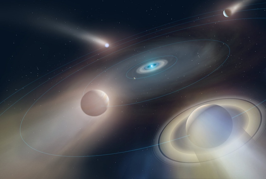백색왜성이 된 태양 주변을 맴도는 태양계 외곽 가스 행성들의 모습을 표현한 상상도. 사진=NASA
