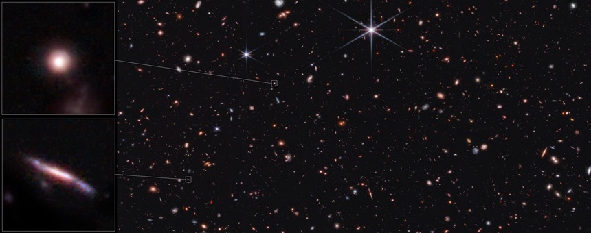 제임스 웹의 CEERS 관측으로 확인된 우주 끝자락의 둥근 타원은하와 납작하고 길게 찌그러진 은하를 비교한 사진. 사진=NASA, ESA, CSA, STScI, Steve Finkelstein(UT Austin), Micaela Bagley(UT Austin), Rebecca Larson(UT Austin)