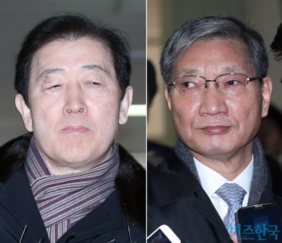 지난 9일 특검 사무실에 소환되는 최지성 삼성 미래전략실 실장(부회장·왼쪽)과 장충기 삼성전자 미래전략실 사장. 사진=고성준 기자