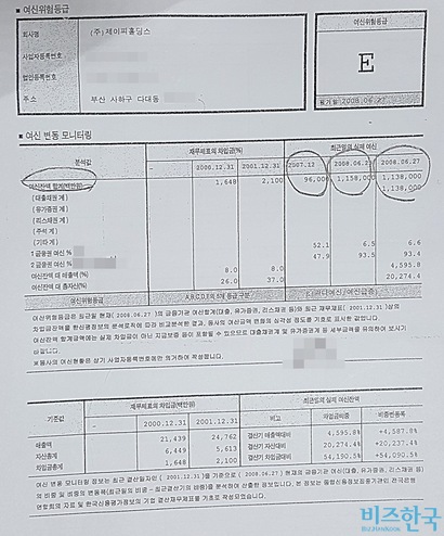 ‘비즈한국’이 입수한 제이피홀딩스의 여신현황보고서(2008.7.10.).