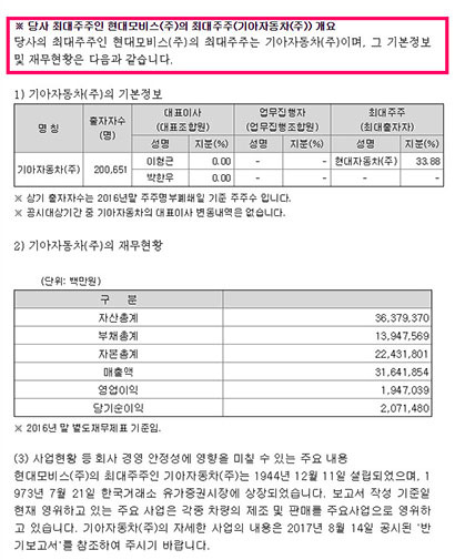 현대자동차그룹 지배구조의 핵심 계열사 3개사의 상반기 반기보고서에는 순환출자에 대한 비난을 의식한 듯한 내용이 반영됐다. 사진은 현대자동차 상반기 반기보고서 내용 중 일부.