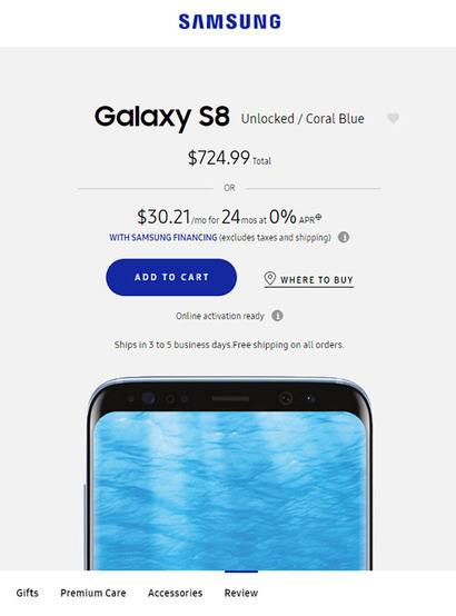 삼성전자 미국 홈페이지에서는 갤럭시 S8 언락폰의 가격이 통신사 전용폰보다 저렴하다. 사진=삼성전자 미국 홈페이지