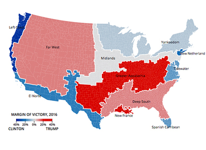 2016년 미국 대선 결과를 콜린 우다드의 분류에 따라 지역별로 집계한 결과. 파란색이 힐러리 클린턴, 빨간색이 도널드 트럼프를 지지한 지역이다. 출처=Portland Press herald