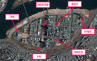 암호화폐 열풍으로 정치권의 ‘서여의도’, 증권가의 ‘동여의도’가 각기 분주하다. 사진=구글어스 캡처