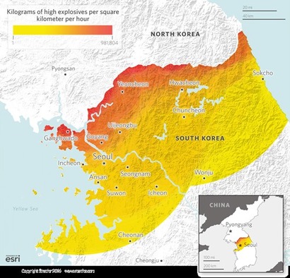 북한 장사정포의 위협 범위. 사진=Stratfor