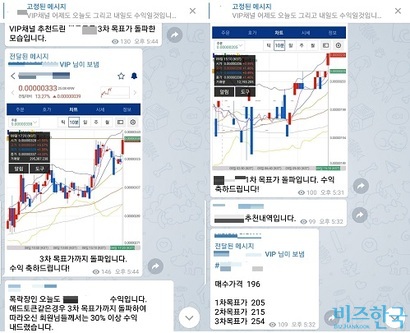 텔레그램에서 운영되고 있는 한 ‘코인 리딩방’​. 목표가를 제시하며 매수 타이밍을 알려주고 있다.