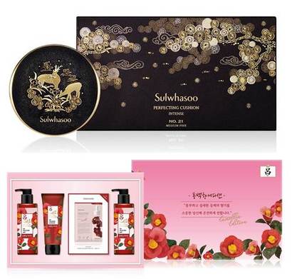 추석 한정판으로 나온 설화수 퍼펙팅쿠션 인텐스 리미티드(위, SPF50+ / PA+++, 85,000원 대)와 려 동백 에디션 기획 세트 (21,900원 대, 이마트 전용, 9/13 출시). 사진=아모레퍼시픽 제공