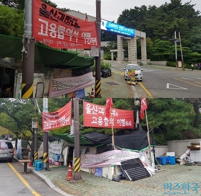 울산과학대학교 앞 농성장 모습. 4년 동안 네 번 쫓겨나 다섯 번째 만든 농성장이다. 학교 부지를 벗어나 인도에 자리 잡았다. 사진=박현광 기자