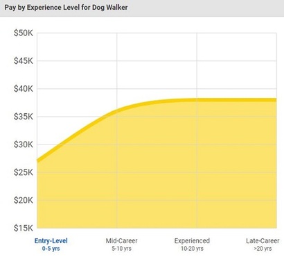 임금 정보 분석 업체 페이스케일(Payscale)에 나온 미국 도그워커의 임금. 경력 10년 이상은 연 3만 8000달러(4249만 원)를 받는다. 사진=페이스케일 캡처