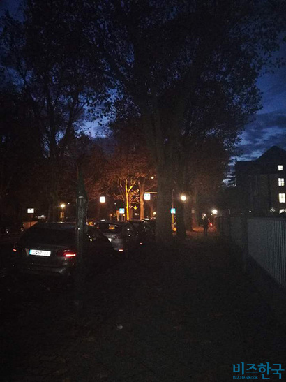 11월 초 오후 5시쯤 베를린 주택가 풍경. 이미 밤처럼 깜깜하다. 사진=박진영 제공