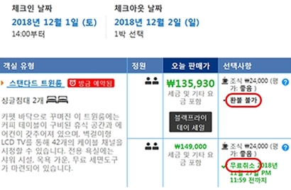 아고다와 부킹닷컴의 예약페이지에 들어가 보면 같은 방도 가격에 따라 ‘환불불가’나 ‘~일까지 무료취소’ 등의 문구가 다르게 붙어 있다. 같은 날짜 같은 룸이지만 환불불가 상품은 10~15% 정도 더 싸다. 사진=부킹닷컴 웹 예약페이지 캡처