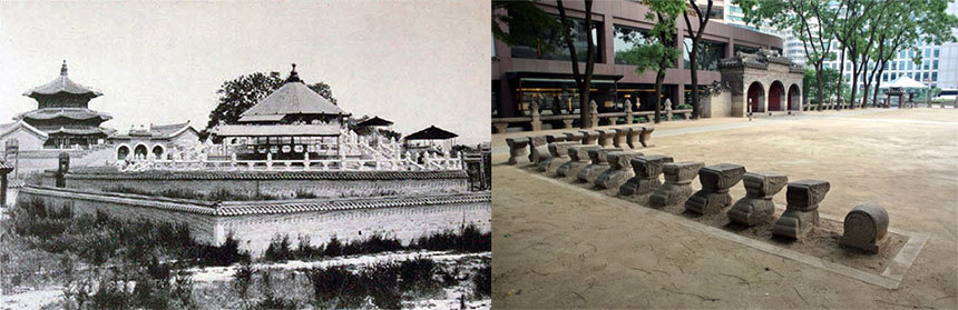 환구단의 옛 모습(왼쪽)과 지대석과 난간석을 모아 복원한 모습(오른쪽). 사진=한국사진사연구소·중구청 제공