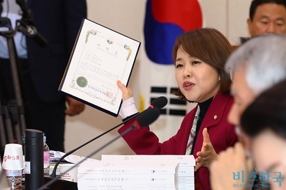 송희경 자유한국당 의원이 10월 30일 국회에서 열린 여성가족위원회 국정감사에서 한국여성교육개발원의 베이비시터 자격증 발급 관련 질의를 하고 있다. 사진=박은숙 기자