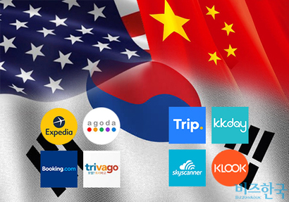 한국 개별 자유여행 시장에서 중국계 여행 앱인 트립닷컴과 스카이스캐너는 항공권이 강세이고, 미국계인 익스피디아는 일찌감치 시장을 선점했고 부킹홀딩스는 숙박예약이 강세다. 그래픽=김상연 기자