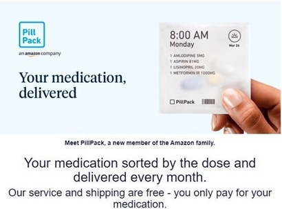 지난 24일 ‘아마존’은 아마존 프라임 회원들에게 처방의약품 배달 서비스를 곧 시작한다는 이메일을 보냈다. 이는 아마존이 온라인약국 ‘필팩’을 인수한 지 약 1년 만이다. 이메일에 첨부된 사진. 사진=트위터