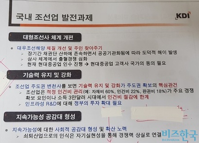 구자현 연구위원의 발표자료 중 일부. 그는 “국내 조선업이 경쟁력을 갖추기 위해선 대형조선사 체계를 개편하고, 인건비를 적정 수준으로 관리하면서 기술력을 유지해야 한다”​고 강조했다. 사진=박현광 기자