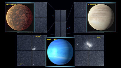 테스가 지금까지 관측해서 발견한 280개의 외계행성 후보 가운데 최종 검증된 세 개의 행성. 가운데 아래에 있는 파란 행성이 미니 해왕성급 사이즈에 해당하는 HD 21749 b 행성이다. 사진=NASA/MIT/TESS