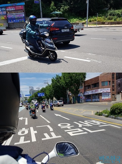 오토바이를 타고 신호를 무시하며 곡예 운전을 한 현중 노조원들만이 변경된 개회 시각인 11시 10분경 울산대학교 정문을 통과했다. 사진=박현광 기자