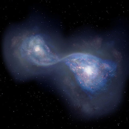 고대의 은하 커플 B14-65666의 관측 결과를 토대로 표현한 두 은하의 충돌 현장 상상도. 이미지=NAOJ