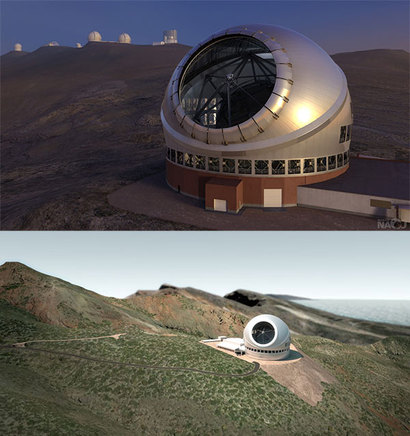 천문학자들이 새롭게 건설하려는 30미터 망원경 TMT의 상상도. 현재 계획에 따르면 TMT는 이미 망원경들로 부지가 꽉 찬 마우나케아 정상 부근 고지대 평원에 새롭게 건설할 예정이다. 크기가 아주 큰 거울을 사용하기 때문에 하나의 단일경으로 제작하지 않고 작은 조각 거울을 모아서 하나의 거대한 거울로 채우는 방식으로 건설한다. 이미지=NAOJ/ESA