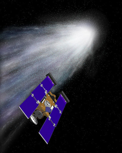 와일드 혜성 곁을 날아가면서 혜성이 남기는 부스러기를 채집하는 스타더스트 탐사선. 이미지=NASA/JPL-Caltech