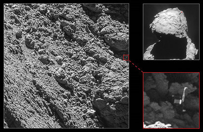 2016년 9월 4일 로제타 궤도선은 구석에 불쌍한 모습으로 처박혀있던 필레 착륙선을 발견했다. 오른쪽 빨간 사각형 안에 어렴풋하게 거의 누워서 그림자 속에 박혀 있는 불쌍한 착륙선의 모습을 확인할 수 있다. 사진=ESA/Rosetta/MPS for OSIRIS Team MPS/UPD/LAM/IAA/SSO/INTA/UPM/DASP/IDA