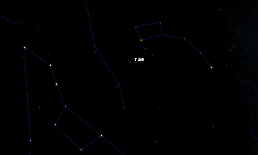 천문학자들이 분석한 T UMi 별은 북극성에 가까이 자리하고 있다. 지구의 밤하늘에서는 아주 어둡기 때문에 맨눈으로는 볼 수 없다. 이미지=SKYSAFARI