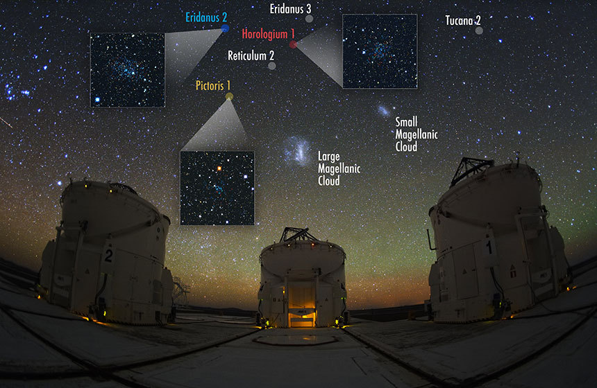 칠레 아타카마 사막에 위치한 파라날 천문대(Paranal observatory)에 설치된 암흑 에너지 서베이(Dark Energy Survey)를 통해 새롭게 발견한 우리 은하 주변의 흐릿한 왜소은하들의 모습. 각 왜소은하의 모습들이 13 X 13 각분(arcminutes)의 크기에 해당하는 사각형 안에 나타나있다. 이미지=V. Belokurov, S. Koposov(Institute of Astrophysics, Cambridge), 사진=Beletsky(Carnegie Observatories)