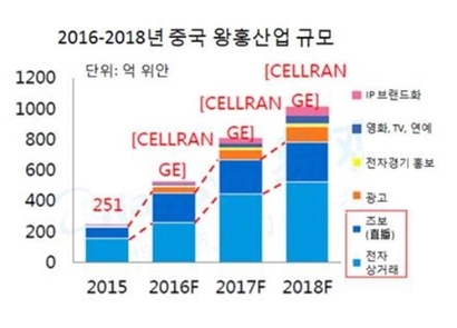 2016년 중국 왕홍 산업의 규모는 이미 528억 위안을 넘었으며 2018년에는 1016억 위안에 달한다. 자료=코트라 제공