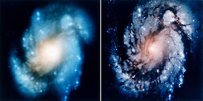 왼쪽이 허블 우주망원경이 1993년 11월 27일 촬영한 은하 M100. 천문학자들은 뒤늦게 망원경이 잘못 제작되었다는 것을 확인하고, STS-61 원정대가 우주왕복선을 타고 가서 수리했다. 첫 수리가 끝난 직후 1993년 12월 31일 새롭게 촬영한 은하의 모습(오른쪽)은 좀 더 깔끔해진 것을 확인할 수 있다. 덕분에 허블 우주망원경은 수백만 광년 거리에 떨어진 30만 광년의 작은 형체도 또렷하게 구분해 볼 수 있는 능력을 되찾았다. 사진=NASA