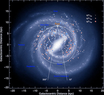 우리 은하는 아주 거대하고 뚜렷한 아름다운 나선팔을 그리고 있다. 우리 태양계는 그 중 한 가닥의 나선팔에 해당하는 오리온자리 나선팔 상에 놓여 있다. 그림은 다양한 밝기의 별과 HI 중성 수소 가스 분포를 통해 새롭게 재확인한 우리 은하 나선팔의 구조를 보여준다. 사진=Urquhart JS et al./Robert Hurt, the Spitzer Science Center/Robert Benjamin