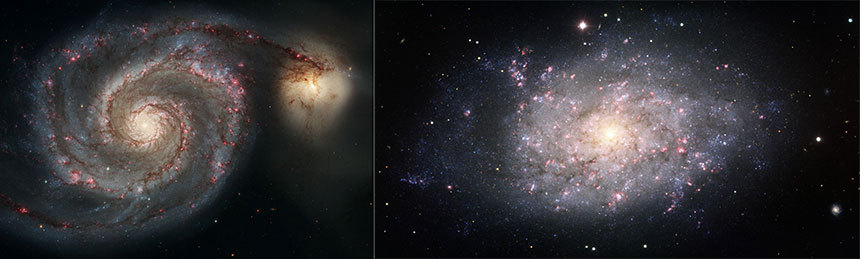 뚜렷한 나선팔을 그리는 은하 M51(왼쪽)과 엉클어진 나선팔을 그리는 은하 NGC 7793(오른쪽). 사진=NASA/ESA