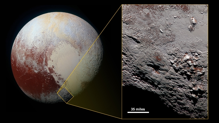 명왕성 표면에서 확인할 수 있는 거대한 얼음 화산들의 울퉁불퉁한 모습. 마치 뱀 비늘 같은 모습이다. 명왕성이 꽤 어린 활발한 지질 활동을 하고 있다는 증거다. 사진=NASA/JHUAPL/SwRI