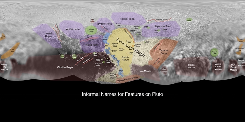 뉴호라이즌스 탐사선의 탐사로 채운 명왕성 표면의 지도. 아래쪽 검정색 영역은 탐사선의 시야에 들어오지 않거나 태양 빛을 받지 않아 보이지 않아서 그리지 못한 미확인 영역이다. 사진=NASA/JHUAPL/SwRI