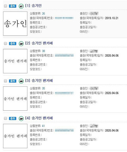 송가인 씨 본인과 소속사가 아닌 제3자가 출원한 ‘송가인’​ 관련 상표. 전문가들은 분쟁 발생 위험이 높다고 지적한다. 사진=특허정보 검색서비스 키프리스​