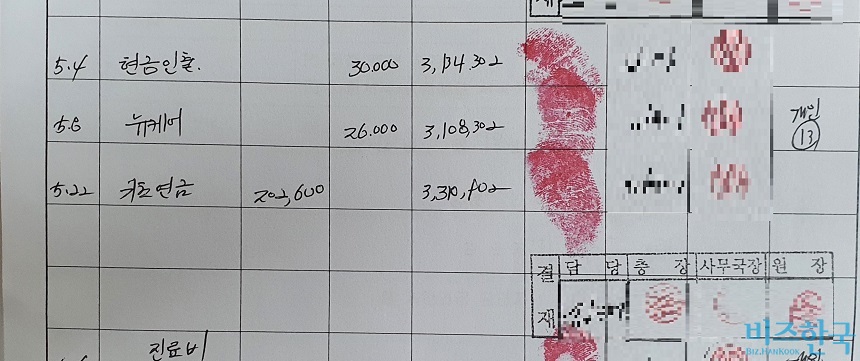 꽃동네는 금전출납부에 B 씨 기초노령연금의 지출 내역을 수기로 적어 관리 중이었다. ‘진료비’처럼 사용처를 자세히 적은 항목도 있었으나 ‘현금인출’처럼 사용 내역을 알 수 없는 명세도 있다. 자료=꽃동네 제공