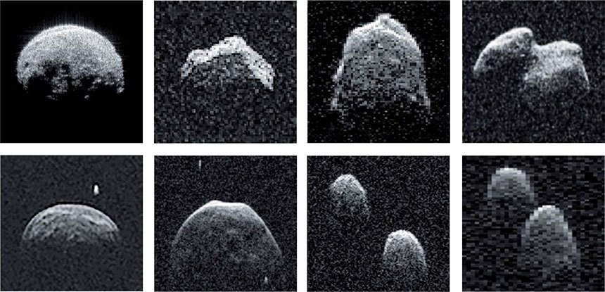 지금까지 확인된 지구 근접 천체들. 지구 근접 소행성들은 다양한 형태를 갖는다. 윗줄에서 왼쪽부터 오른쪽 순서로, 둥근 모습의 2005 YU55, 다면체의 각진 모습의 2017 BQ6, 울퉁불퉁한 2017 CS과 2014 JO25의 모습이다. 이들의 형태는 지구에 접근했을 때 라디오 관측을 통해 소행성 표면에 반사된 라디오 신호를 통해 파악한다. 아래 왼쪽부터 오른쪽 순서로, 두 개의 소행성으로 이루어진 2004 BL86과 세 개의 소행성으로 이루어진 3122 Florence가 있다. 대부분의 소행성들은 하나의 큰 소행성 곁에 작은 미소행성체들이 맴도는 모습을 하고 있다. 하지만 그 중 일부는 거의 비슷한 크기의 두 소행성이 함께 돌고 있는 2017 YE5나 아예 두 소행성체가 서서히 접근해서 맞붙어 있는 접촉 쌍소행성의 모습을 한 1999 JD6도 있다. 사진=NASA/JPL/GSSR