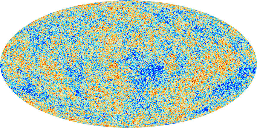 ESA의 플랑크 위성으로 관측한 우주 전역의 우주배경복사 지도. 그림 속 색깔은 상대적인 온도 차이를 의미한다. 평균에 비해 상대적으로 온도가 더 낮으면 파란색으로, 상대적으로 온도가 더 높으면 빨간색으로 표현되어 있다. 하지만 그 차이는 10만 분의 1 수준으로 아주 미미하다. 따라서 우주배경복사는 사실상 거의 완벽에 가깝게 균질하다고 볼 수 있다. 사진=ESA, Planck Collaboration