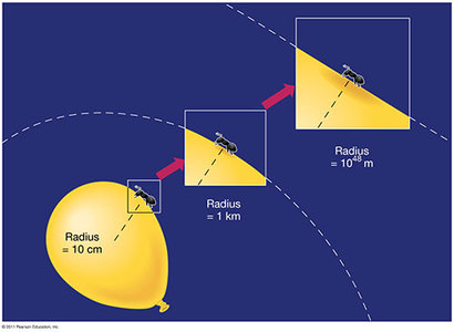 아주 빠르게 부풀어오르는 풍선 표면 위에 살고 있는 개미를 상상해보자. 풍선이 작을 때는 풍선의 곡률을 느낄 수 있지만, 너무 커져버린 풍선 표면 위에서 개미는 풍선이 평편하다고 착각하게 될 것이다. 이미지=Pearson education, Inc