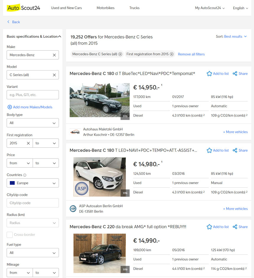 독일의 대표 중고차 직거래 사이트인 아우토스카우트24. 원하는 차종, 가격 등 세부 사항을 입력하면 차량을 검색할 수 있다. 사진=아우토스카우트24 웹사이트