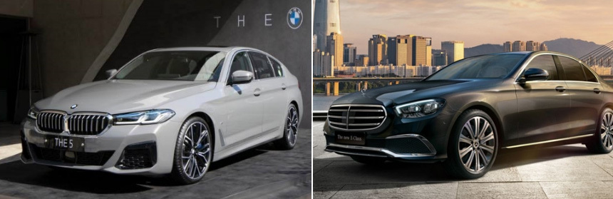 BMW 5시리즈(왼쪽)와 벤츠 E클래스가 페이스리프트 모델을 내고 4분기에 격돌한다. 두 라이벌 회사의 대결에 따라 수입차 시장의 순위가 뒤집힐 수도 있다. 사진=BMW코리아 메르세데스-벤츠코리아 홈페이지