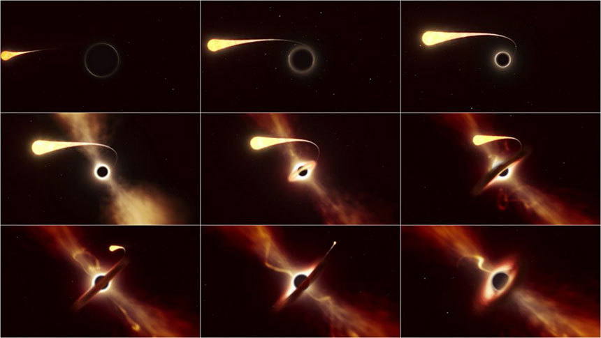 이번에 포착된 블랙홀 주변 조석 파괴 현상의 과정을 보여주는 그림. 사진=ESO/M. Kornmesser