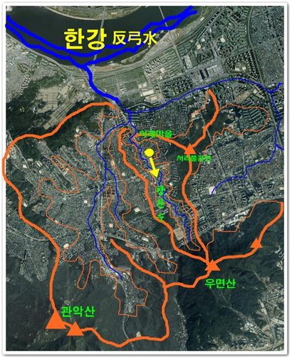 창판수가 아름다운 방배동의 풍수.  사진=신석우 풍수지리학자 제공