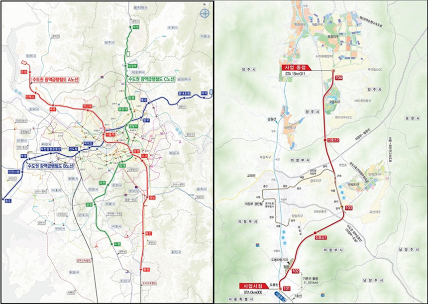 GTX C노선(왼쪽)과 도봉산역~옥정역 간 광역철도 노선도. 자료=경기도, 국토교통부