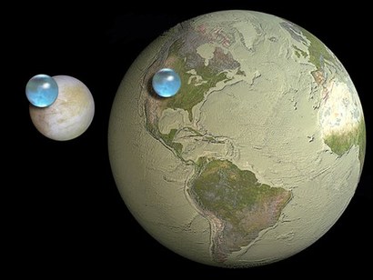 유로파의 물과 지구 바닷물 전체의 양을 비교한 그림. 놀랍게도 지구보다 훨씬 작은 크기의 얼음 위성 유로파에는 지구의 물 전체보다 더 많은 양의 물이 들어있다. 이미지=Kevin Hand(JPL/Caltech), Jack Cook (Woods Hole Oceanographic Institution), Howard Perlman(USGS)