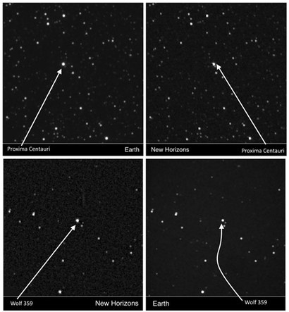지구와 뉴호라이즌스에서 찍은 별의 사진을 비교하면 두 지점에서 바라본 별의 시차를 확인할 수 있다. 위 두 사진이 프록시마 센타우리, 아래 두 사진이 울프 359의 모습이다. 사진=NASA/Johns Hopkins APL/Southwest Research Institute