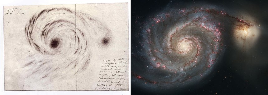 윌리엄 파슨스가 그린 M51(왼쪽)과 허블 우주 망원경으로 찍은 동일한 은하(오른쪽). 이미지=ESA/Hubble