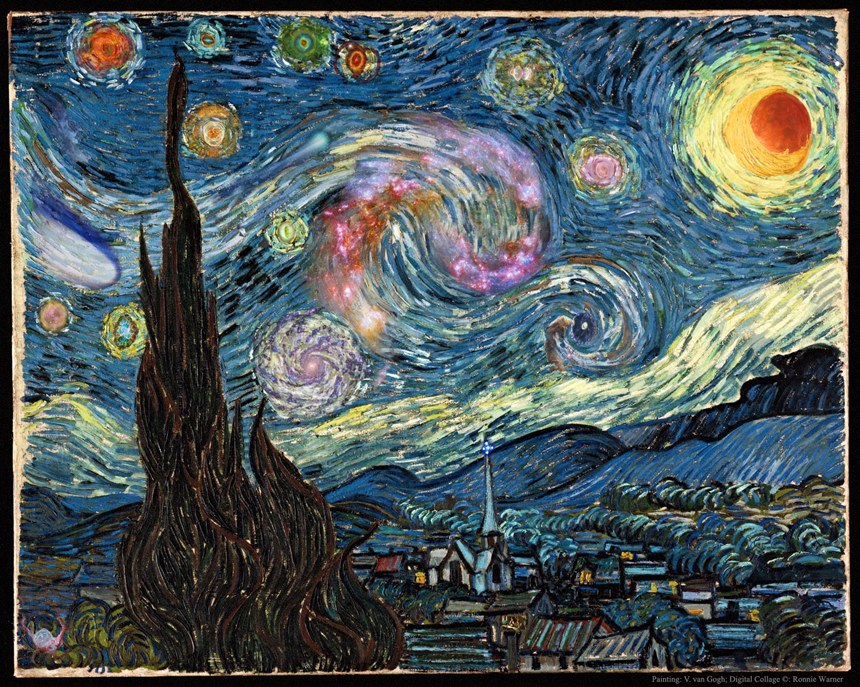 천문학자들이 실제 천체들의 모습을 새겨넣어 새롭게 완성한 ‘별이 빛나는 밤에’. 그림 곳곳에 숨어있는 실제 혜성, 은하, 초신성 잔해 등의 모습을 찾아보자. 이미지=Vincent van Gogh; Digital Collage & Copyright: Ronnie Warner