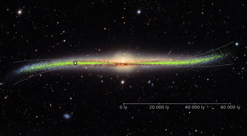 앞서 천문학자들이 우리 은하 속 세페이드형 변광성들의 분포를 관측해 파악한 우리 은하 원반의 뒤틀림 구조. 이미지=ESA