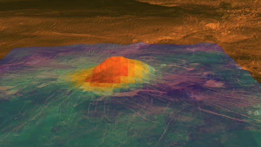 금성에 있는 이둔산(Idunn Mons) 주변 열영상 관측 결과. 산 가운데를 중심으로 뜨거운 마그마 활동이 집중되어 있음을 파악할 수 있다. 사진=ESA